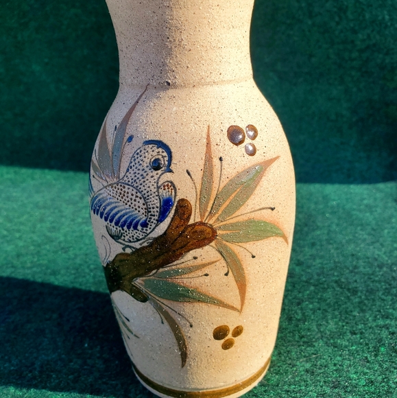 Mexican Pottery GF Tonala Vase Marked Lovely Design Bird & Flowers 8in No Chips - Picture 5 of 12